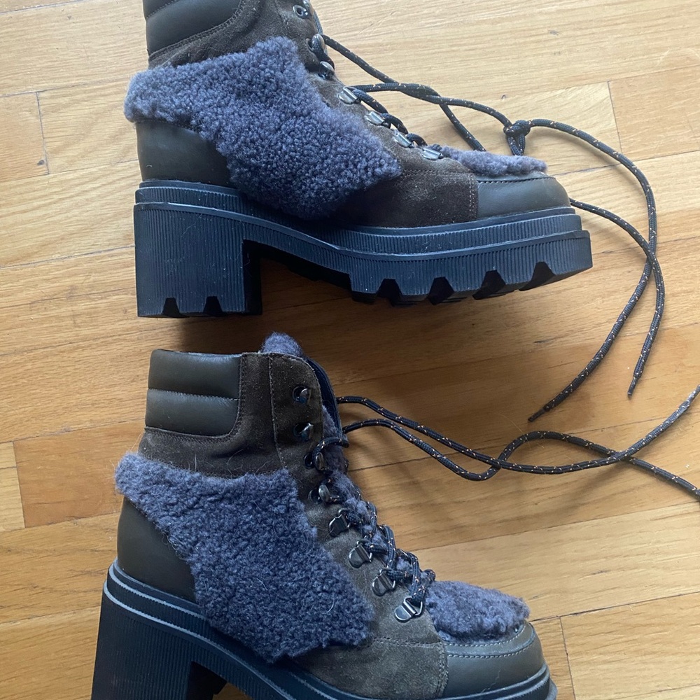 Voile Blanche Loden Faux Shearling Trim Lug Sole Leather Boots Khaki size 38 - Picture 8 of 10